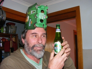 Steve wearing a cardboard beer hat